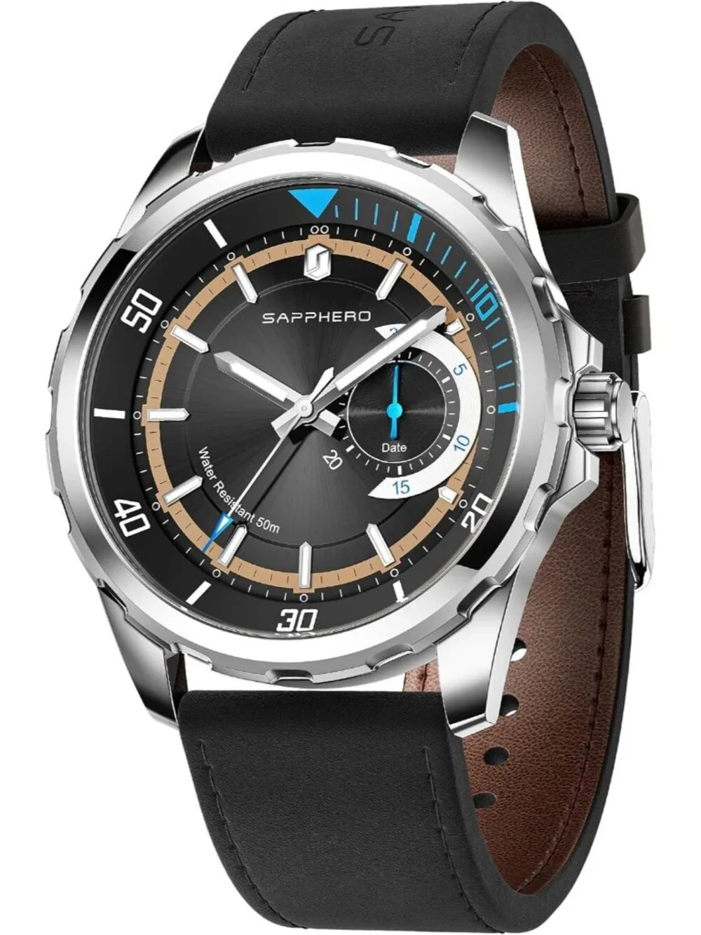 Men's Black/Silver/Black Numeral Dial Leather Strap Analog Quartz Wrist Watch